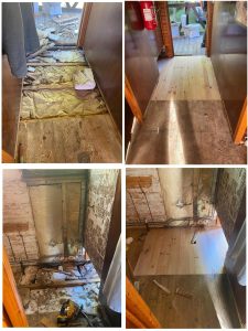 Changement d'un lino sur le sol d'un chalet avec remplacement partiel du plancher et de l'isolation suite à un dégât des eaux avec pose d'un nouveau carrelage dans la salle de bain