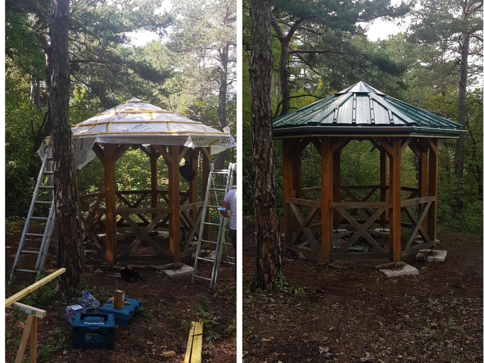 Pose d'une nouvelle couverture en bac acier vert avec gouttières pour ce kiosque de jardin sur Savines-le-Lac